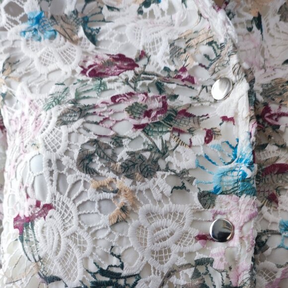 Romantic Nanette Lepore Designer Off-White Lace Floral Snap Front Jacket Sz S - Picture 5 of 7